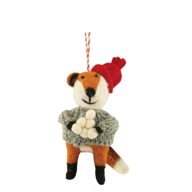 Fox With Hat And Snowballs Ornament