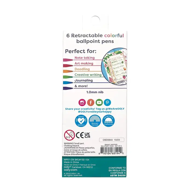 Bright Writers Colored Ballpoint Pens - Set of 6