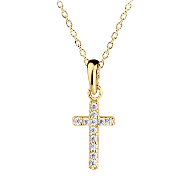 14K Gold-Plated Children's Cross Necklace with CZs for Girls - 14" Chain