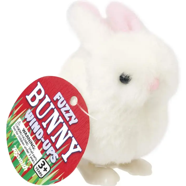 White Fuzzy Bunny Wind Ups, Spring, Hopping Action