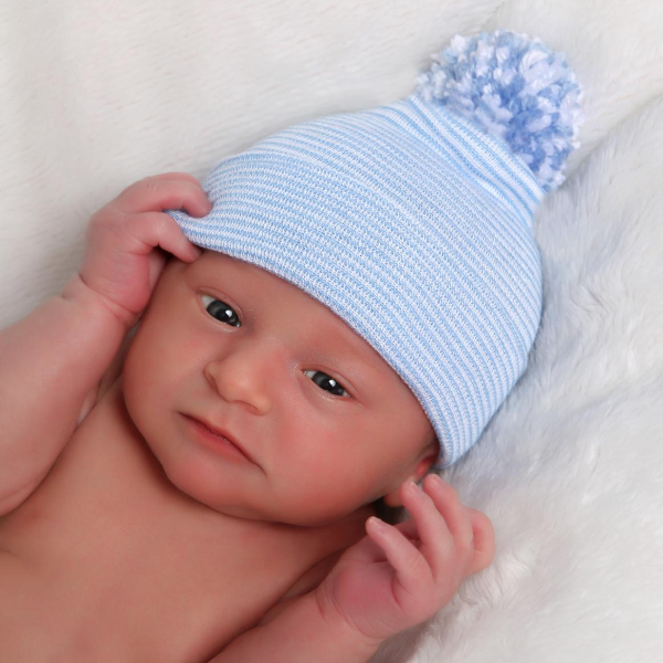 White/Blue Stripe Hat Mixed Pom Pom - NB