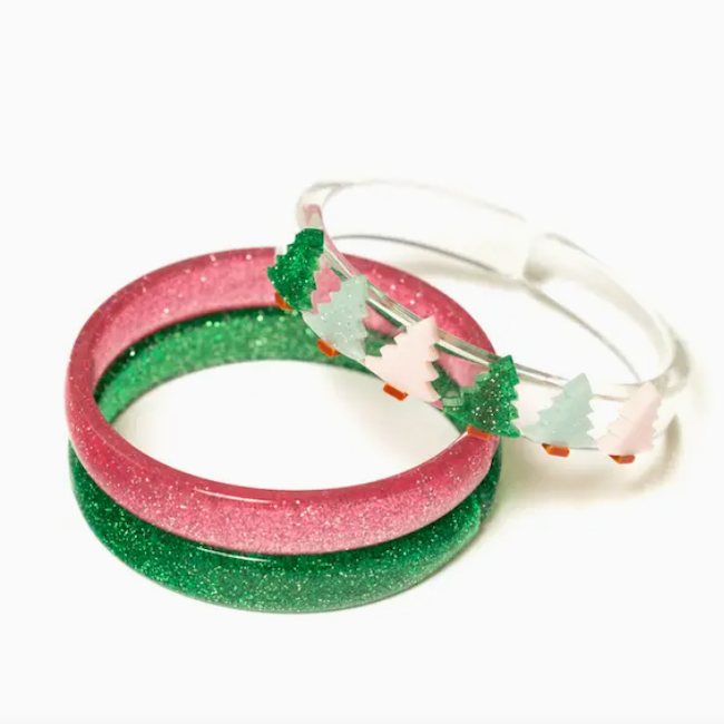 Christmas Tree Multi Glitter Pink + Green Bangle Set
