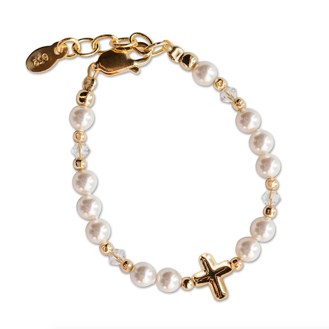Eve - 14K Gold-Plated Simulated Pearl Bracelet with Cross Baptism or First Communion Gift