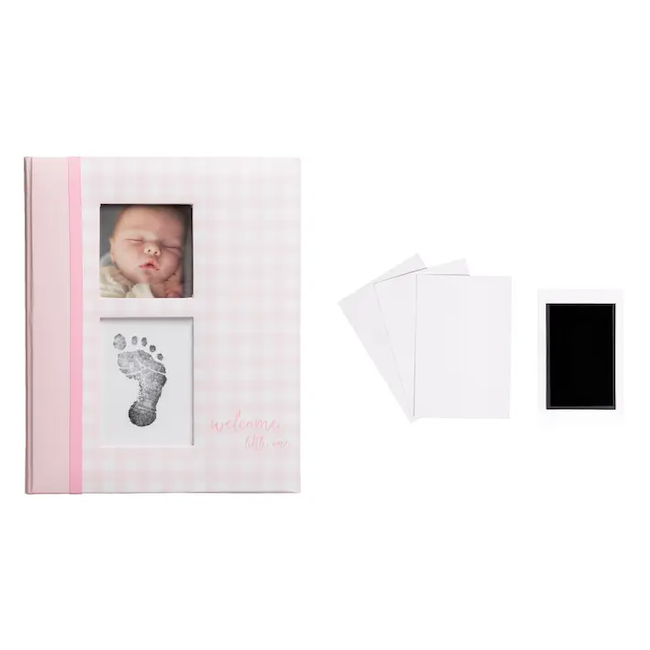 Gingham Baby Memory Book and Clean-Touch Ink Pad, Pink