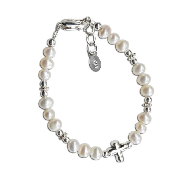 Sterling Silver Pearl Baptism Bracelet With Cross