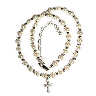 Sterling Silver Necklace White Pearl With Cross 12 - 14" Adjustable