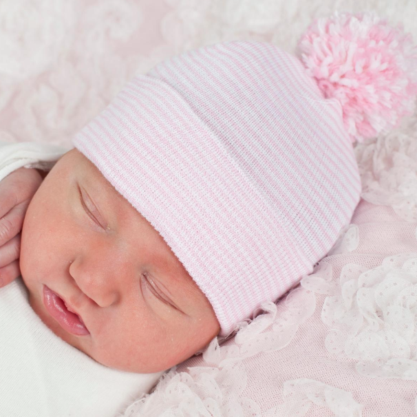 White/Pink StripeE Hat Mixed Pom Pom