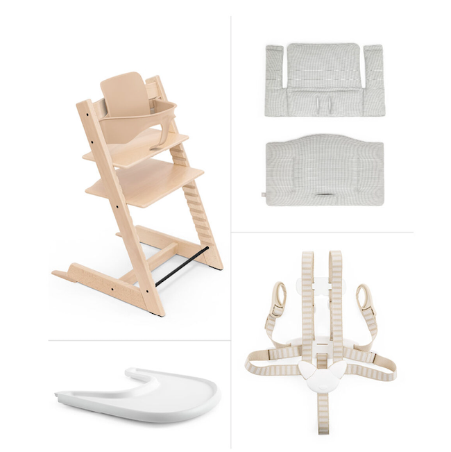 Tripp Trapp High Chair with Cushion & Tray - Natural, Nordic Grey Cushion, WhiteTray