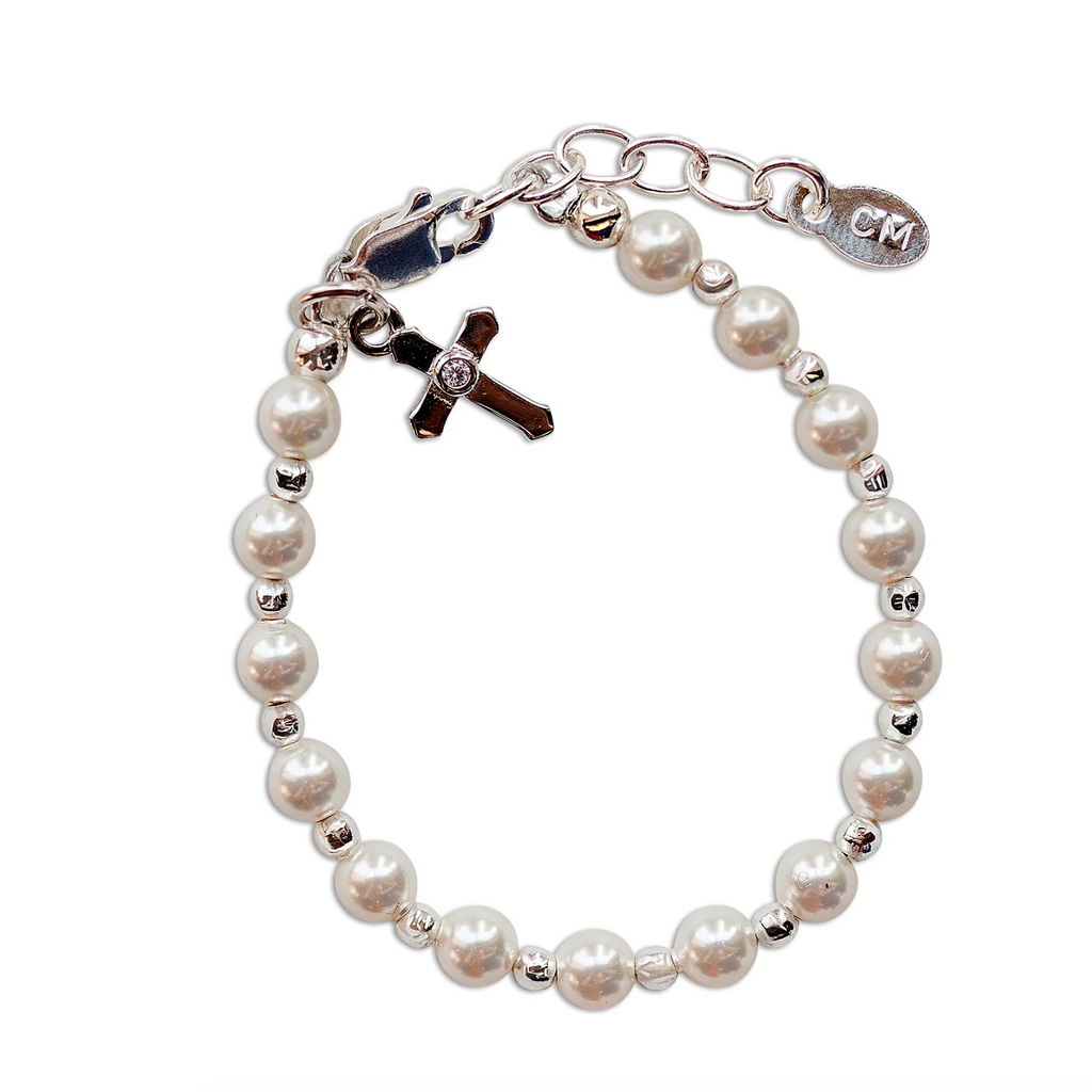 Kaitlyn - Children's Sterling Silver Simulated Pearl Cross Bracelet