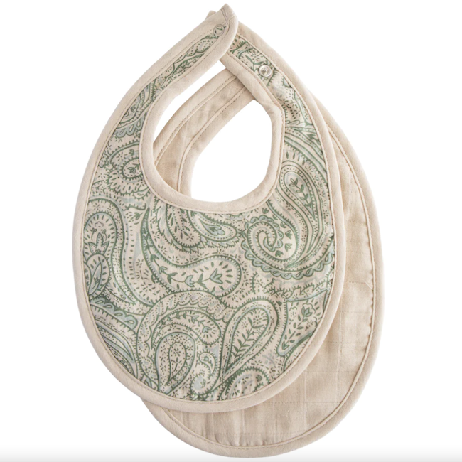 Muslin Bib 2 - Pack In Green Paisley / Fog
