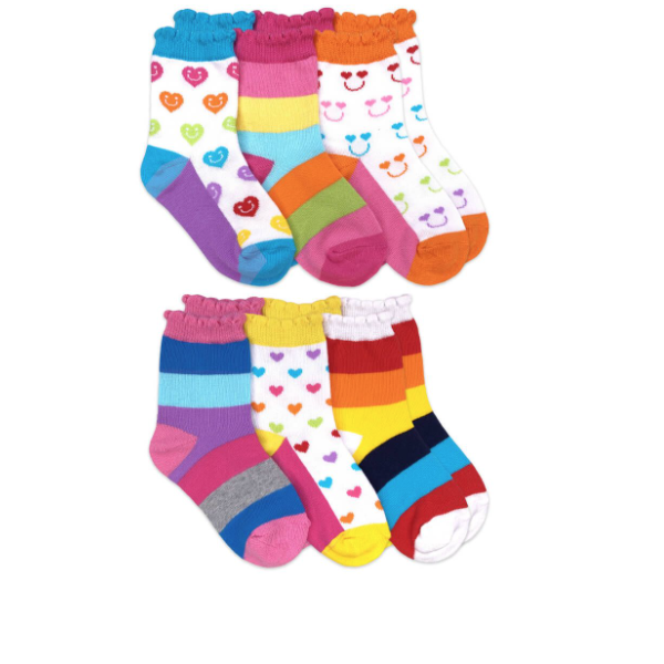 Rainbow Stripes Hearts Smiley Face Crew Socks 6 Pack