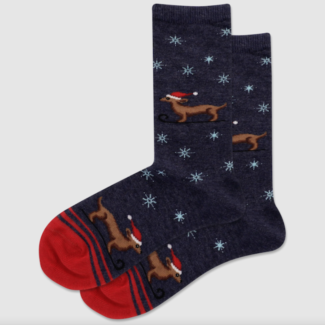 Sledding Dog with Santa Hat Crew Socks