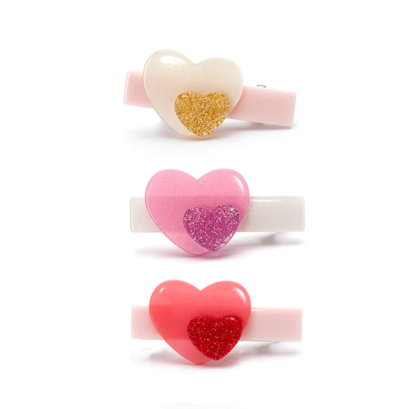 Hearts Double Red Pink Pearl Hair Clips  - Set of 3