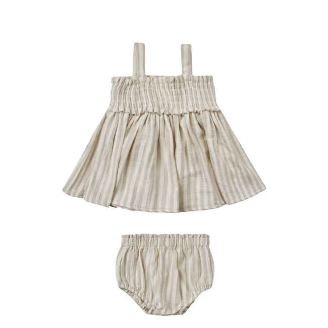 Mae Smocked Top + Bloomer Set in Ash Stripe