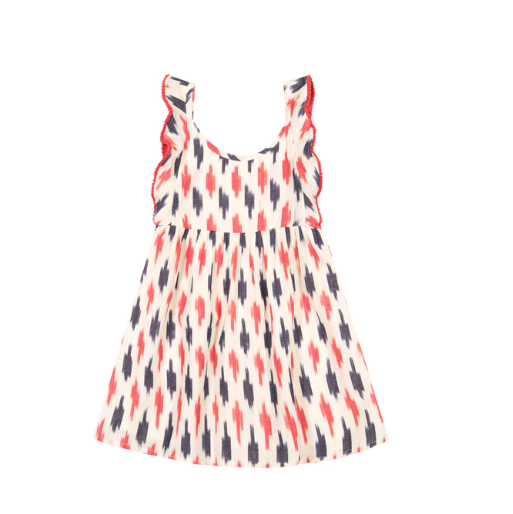 Daphne Girl's Flutter Sleeve Dress Cream Red Navy Ikat