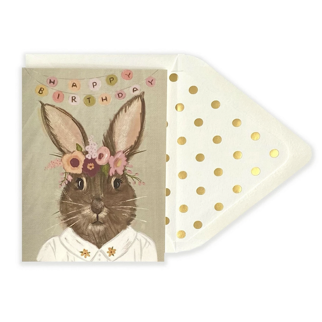 Happy Birthday Rabbit Flowers Wreath Greeting Card