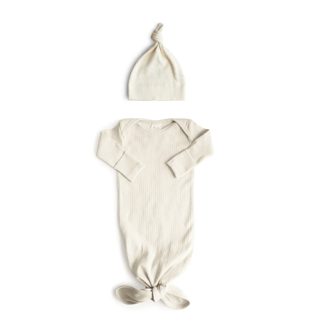 Ribbed Knotted Baby Gown + Beanie Set-Ivory 0-3M