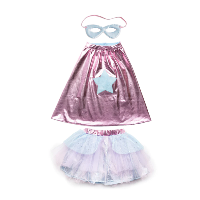 Super-duper Tutu, Cape & Mask, Metallic Pink & Light Blue - Size 5-6Years