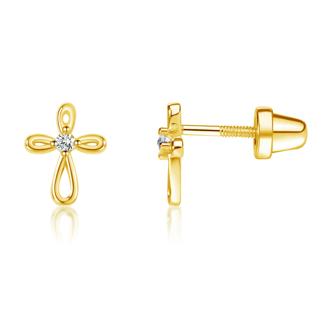 14K Gold-Plated Infinity Cross Earrings for Baptism or Communion
