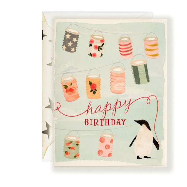 Happy Birthday Paper Lanterns Penguin Card