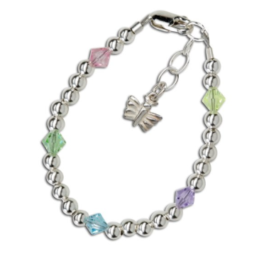 Silver Bracelet With Silver Beads And Pastel Crystals