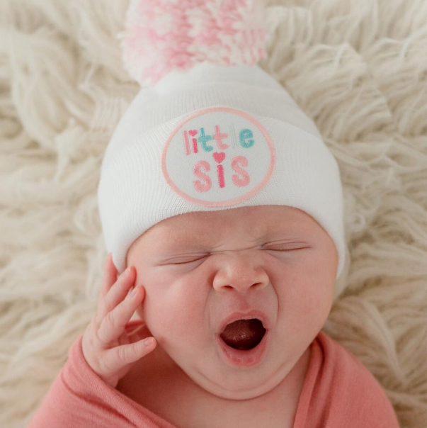 Little SIS White Hat   with Mixed Pom Pom