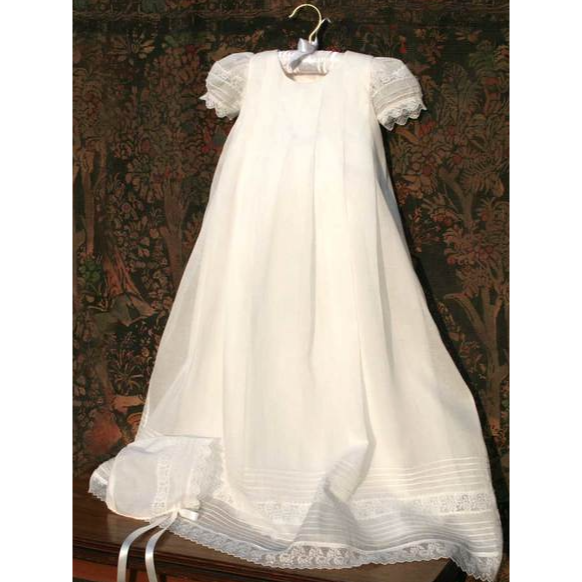 Gracious Pleated Organdy And Lace Gown With Bonnet - Ivory 3 - 6M