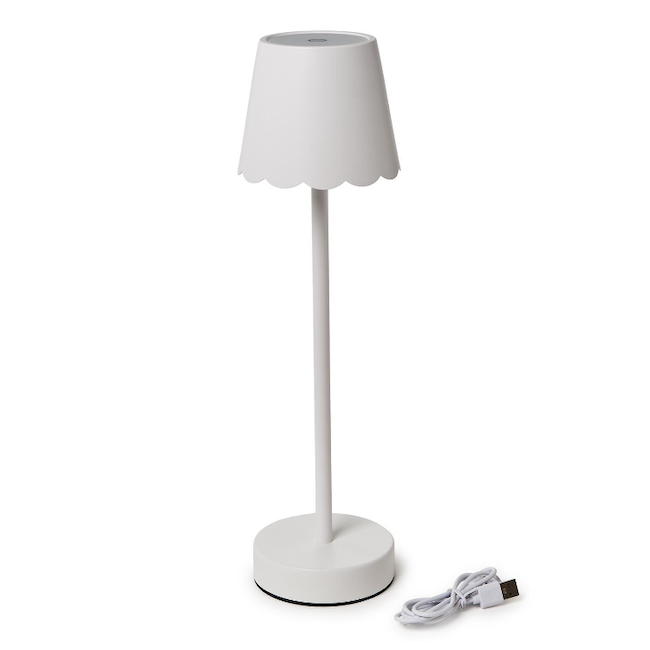White Cordless Table Lamp with Scalloped Edge Shade