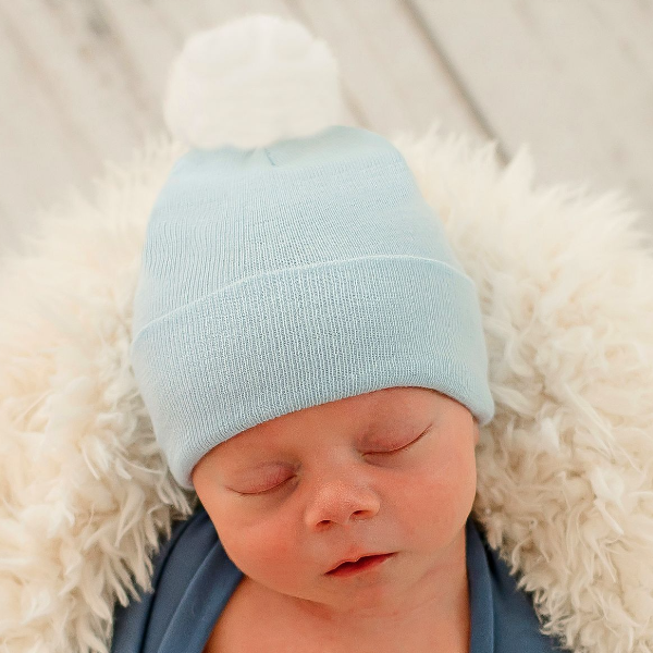 Blue Hat White Fuzzy Pom - NB