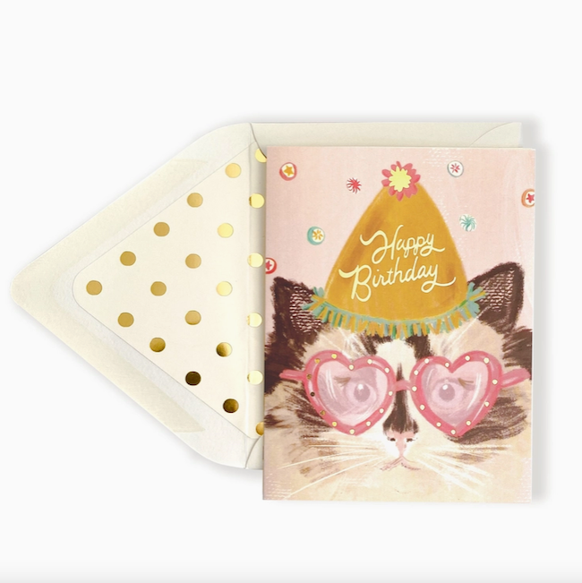Happy Birthday Cat with Heart Glasses Greeting Card