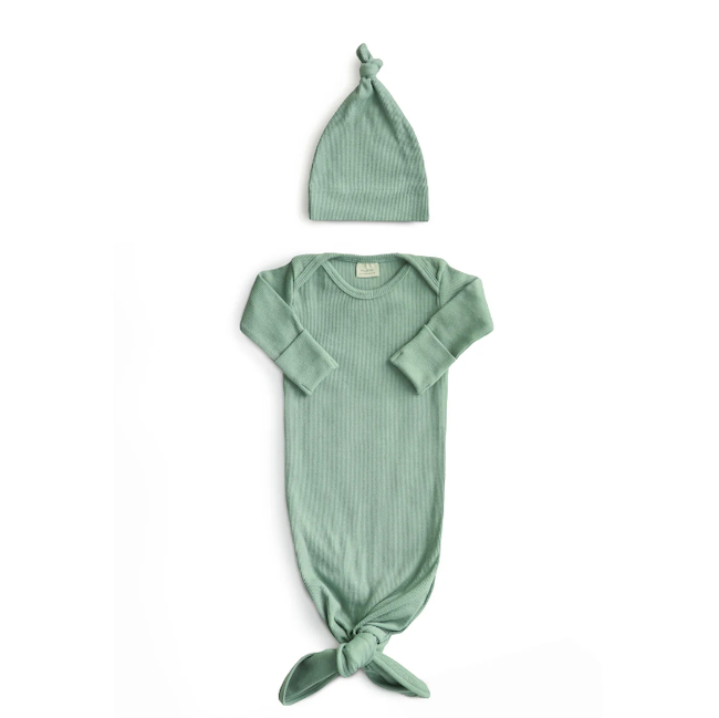Ribbed Knotted Baby Gown + Beanie Set-Roman Green 0-3M