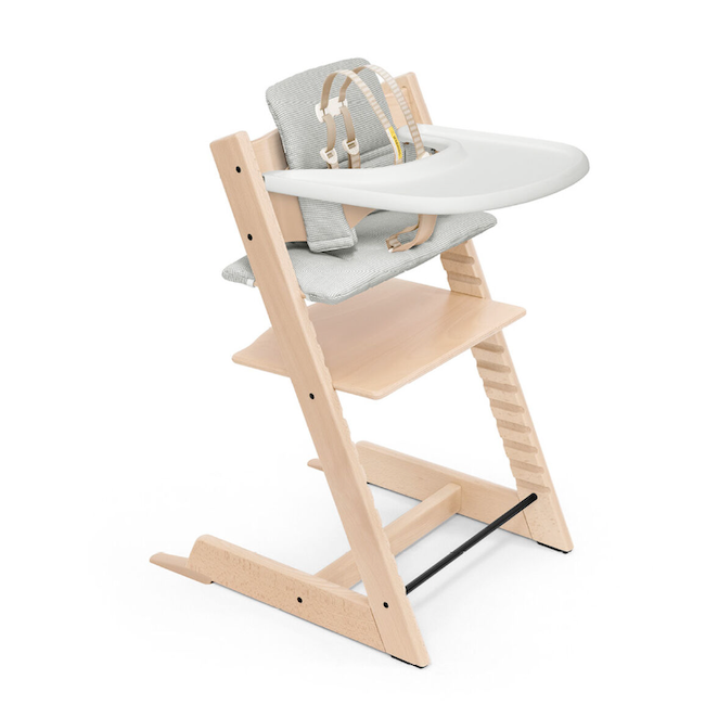 Tripp Trapp High Chair with Cushion & Tray - Natural, Nordic Grey Cushion, WhiteTray
