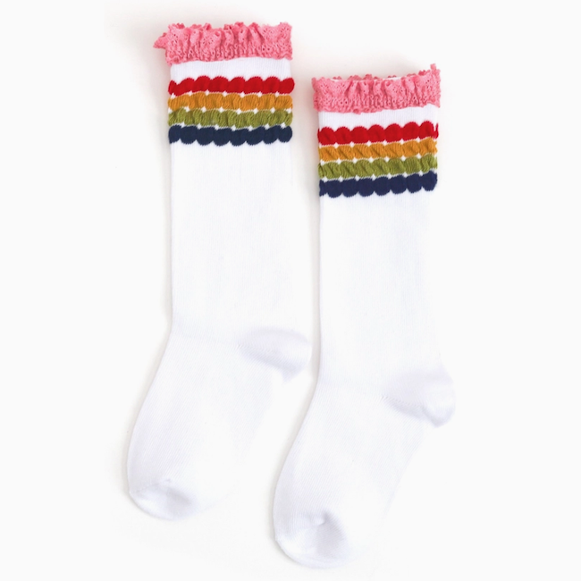 Rainbow Bubble Stripe Lace Top Knee High Socks