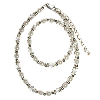 Sterling Silver Necklace With White Pearls & Crystals 12 - 14"