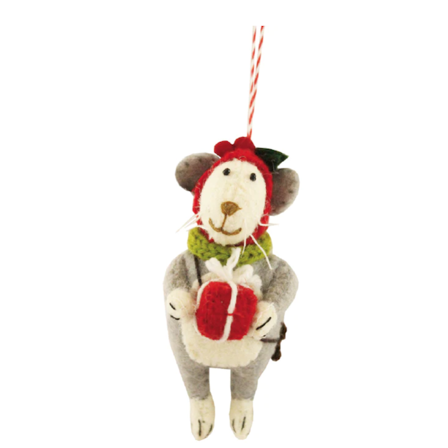 Mouse With Present Ornament - Felted Wool - 4.5"