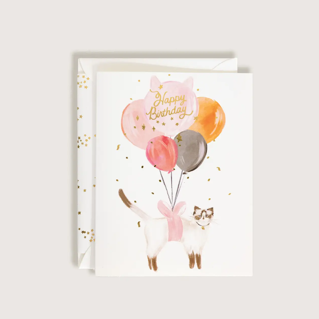 Happy Birthday Balloon Cat with Gold Confetti Greeting Card